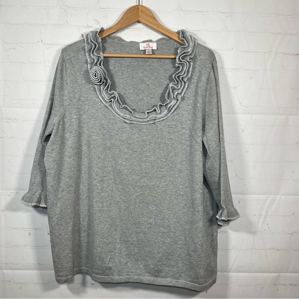 Quacker Factory Metallic Ruffle Sweater Womens Size 1X Gray Silver 3/4 Sleeve